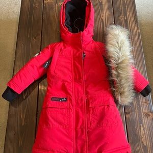 Gently used girls 2T Red Canada Parka with removable faux fur on hood.